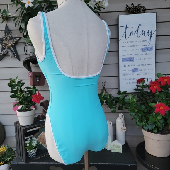 LA BLANCA ♡ Gorgeous Vintage 1pc Aqua Blue 'n White Trim Bralette Swimsuit 8 - Picture 6 of 15